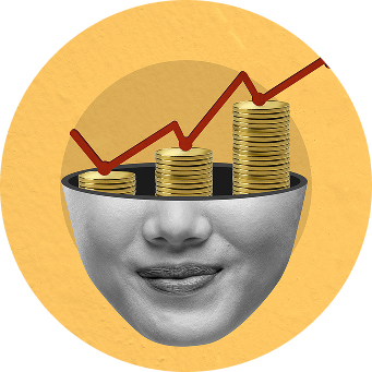 womans-face-is-drawn-with-stack-coins-her-mouth 1