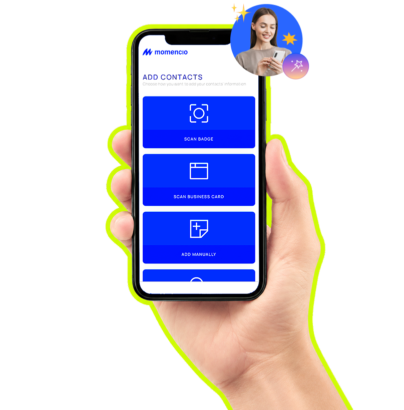 momencio lead capture app showing badge scanning, business card scanning, and manual entry options on a smartphone