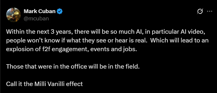 Mark cuban Tweet on face-to-face engagement - momencio