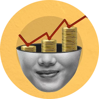 womans-face-is-drawn-with-stack-coins-her-mouth 1